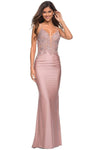 V-neck Sleeveless Spaghetti Strap Floor Length Natural Waistline Open-Back Ruched Fitted Sheath Bodycon Dress/Sheath Dress/Evening Dress with a Brush/Sweep Train