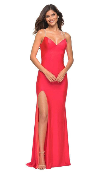 V-neck Sleeveless Spaghetti Strap Sheath Slit V Back Fitted Back Zipper Natural Waistline Floor Length Sheath Dress with a Brush/Sweep Train