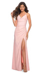 V-neck Jersey Sleeveless Bandeau Neck Slit Ruched Draped Lace-Up Back Zipper Sheath Natural Waistline Sheath Dress with a Brush/Sweep Train