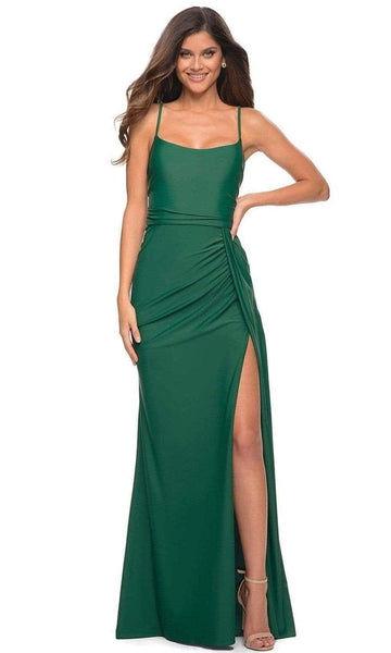 Sophisticated Open-Back Back Zipper Wrap Slit Lace-Up Ruched Natural Waistline Scoop Neck Square Neck Floor Length Sheath Jersey Sleeveless Spaghetti Strap Sheath Dress/Evening Dress with a Brush/Swee