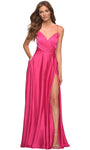 A-line V-neck Slit Pocketed Ruched Lace-Up Back Zipper Sleeveless Floor Length Satin Natural Waistline Evening Dress