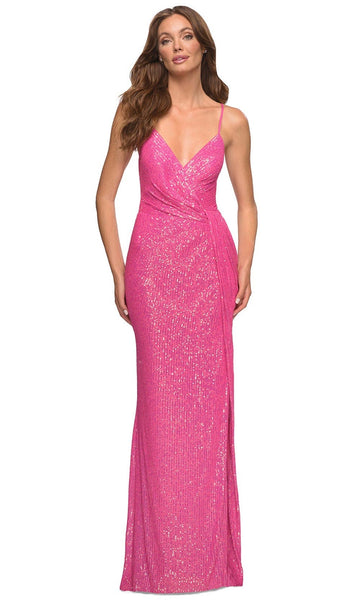 V-neck Sheath Sleeveless Floor Length Natural Waistline Draped Lace-Up Sequined Slit Sheath Dress/Evening Dress/Prom Dress