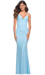 V-neck Natural Waistline Mermaid Back Zipper Ruched Draped Jersey Floor Length Cowl Neck Dress with a Brush/Sweep Train
