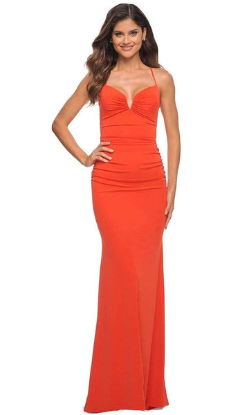 V-neck Sheath Sleeveless Spaghetti Strap Natural Waistline Sweetheart Floor Length Back Zipper Lace-Up Fitted Ruched Open-Back Jersey Sheath Dress with a Brush/Sweep Train