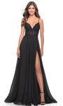 A-line V-neck Floor Length Slit Sheer Pocketed Beaded Applique Flowy Back Zipper Open-Back Floral Print Sleeveless Spaghetti Strap Corset Natural Waistline Evening Dress with a Brush/Sweep Train