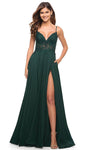 A-line V-neck Slit Sheer Back Zipper Applique Flowy Pocketed Open-Back Beaded Sleeveless Spaghetti Strap Floor Length Floral Print Corset Natural Waistline Evening Dress with a Brush/Sweep Train