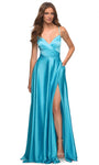 A-line V-neck Spaghetti Strap Natural Waistline Satin Ruched Pocketed Lace-Up Slit Evening Dress with a Brush/Sweep Train