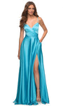 A-line V-neck Spaghetti Strap Satin Slit Lace-Up Ruched Pocketed Natural Waistline Evening Dress with a Brush/Sweep Train