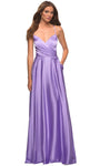 A-line V-neck Natural Waistline Satin Spaghetti Strap Ruched Pocketed Lace-Up Slit Evening Dress with a Brush/Sweep Train