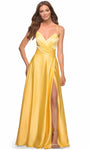 A-line V-neck Spaghetti Strap Pocketed Lace-Up Ruched Slit Satin Natural Waistline Evening Dress with a Brush/Sweep Train