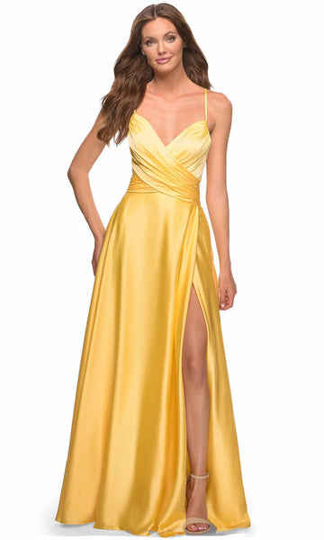 A-line V-neck Satin Natural Waistline Slit Pocketed Ruched Lace-Up Spaghetti Strap Evening Dress with a Brush/Sweep Train