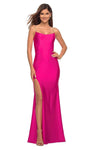 Sophisticated Jersey Natural Waistline Bateau Neck Scoop Neck Open-Back Slit Fitted Jeweled Back Zipper Floor Length Sheath Sleeveless Spaghetti Strap Sheath Dress with a Brush/Sweep Train