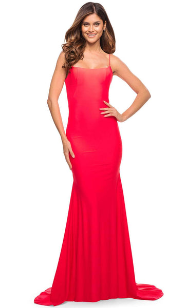 Sexy Sleeveless Jersey Straight Neck Natural Waistline Fitted Open-Back Back Zipper Mermaid Evening Dress with a Brush/Sweep Train