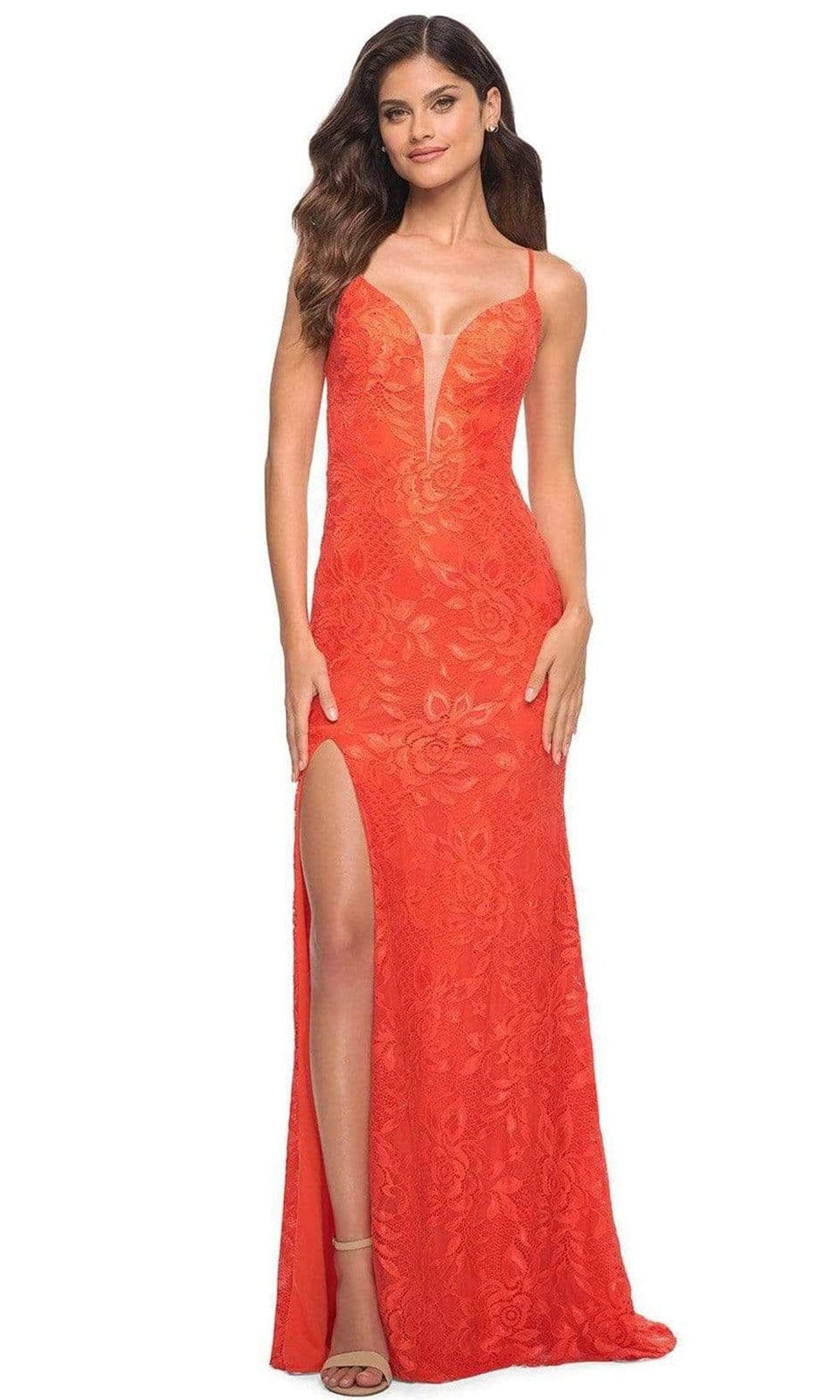 La Femme - 30687 Plunging Floral Lace Slit Gown
