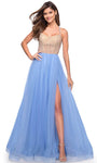 Sexy Sophisticated A-line Halter Scoop Neck Sleeveless Corset Natural Waistline Fall Slit Fitted Back Zipper Embroidered Open-Back Prom Dress with a Brush/Sweep Train