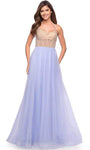 Sexy Sophisticated A-line Sleeveless Halter Scoop Neck Open-Back Slit Fitted Embroidered Back Zipper Fall Corset Natural Waistline Prom Dress with a Brush/Sweep Train