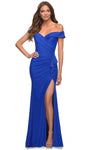 Sheath Jersey Off the Shoulder Ruched Slit Open-Back Back Zipper Floor Length Natural Waistline Sheath Dress/Evening Dress/Prom Dress With Ruffles