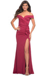 Off the Shoulder Natural Waistline Floor Length Jersey Sheath Slit Back Zipper Open-Back Ruched Sheath Dress/Evening Dress/Prom Dress With Ruffles