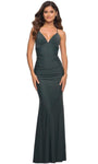 V-neck Floor Length Sleeveless Spaghetti Strap Empire Waistline Sheath Beaded Ruched Fitted Open-Back Mesh Back Zipper Goddess Applique Sheath Dress/Evening Dress with a Brush/Sweep Train