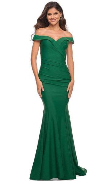 V-neck Floor Length Off the Shoulder Natural Waistline Back Zipper Gathered Ruched Open-Back Jersey Mermaid Evening Dress with a Brush/Sweep Train