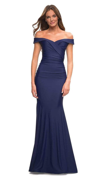 V-neck Natural Waistline Off the Shoulder Jersey Gathered Ruched Open-Back Back Zipper Floor Length Mermaid Evening Dress with a Brush/Sweep Train