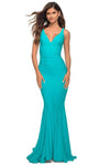 V-neck Sleeveless Ruched Open-Back Back Zipper Jersey Floor Length Natural Waistline Mermaid Dress with a Brush/Sweep Train