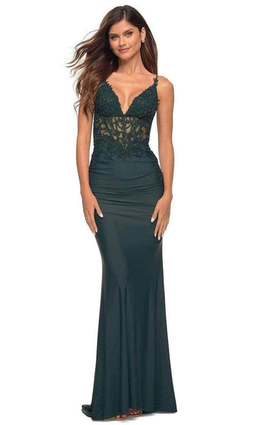 Sophisticated V-neck Sheath V Back Sheer Back Zipper Fitted Natural Waistline Sleeveless Spaghetti Strap Floor Length Sheath Dress/Evening Dress/Party Dress with a Brush/Sweep Train With Rhinestones