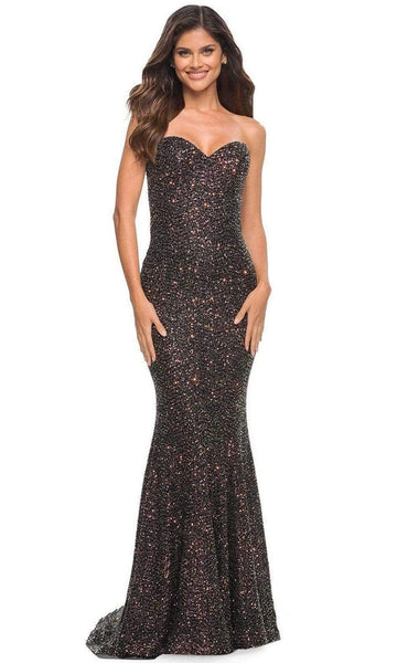 Sophisticated Strapless Sheath Sweetheart Back Zipper Fitted Sequined Glittering Open-Back Floor Length Natural Waistline Sheath Dress with a Brush/Sweep Train With Rhinestones