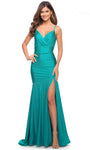 V-neck Jersey V Back Hidden Back Zipper Slit Beaded Fitted Sheath Sleeveless Spaghetti Strap Sheath Dress/Prom Dress with a Brush/Sweep Train With Rhinestones