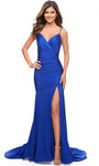 V-neck Sleeveless Spaghetti Strap Hidden Back Zipper Fitted V Back Beaded Slit Jersey Sheath Sheath Dress/Prom Dress with a Brush/Sweep Train With Rhinestones