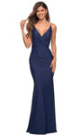 V-neck Jersey Sleeveless Spaghetti Strap Sheath V Back Fitted Faux Wrap Ruched Natural Waistline Sheath Dress/Evening Dress with a Brush/Sweep Train