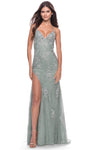 V-neck Sleeveless Spaghetti Strap Sheath Open-Back Beaded Fitted Slit Applique Lace Natural Waistline Fall Sheath Dress/Evening Dress with a Brush/Sweep Train