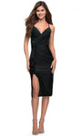 Sophisticated V-neck Sleeveless Spaghetti Strap Jersey Natural Waistline Slit Fitted Open-Back Ruched Lace-Up Back Zipper Draped Sheath Above the Knee Sheath Dress