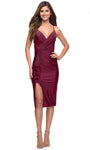 Sophisticated V-neck Jersey Above the Knee Sheath Natural Waistline Back Zipper Draped Lace-Up Open-Back Fitted Slit Ruched Sleeveless Spaghetti Strap Sheath Dress