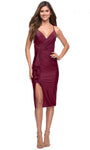 Sophisticated V-neck Jersey Natural Waistline Sheath Open-Back Ruched Fitted Slit Lace-Up Draped Back Zipper Sleeveless Spaghetti Strap Above the Knee Sheath Dress