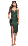 Sophisticated V-neck Sleeveless Spaghetti Strap Draped Back Zipper Ruched Open-Back Slit Lace-Up Fitted Natural Waistline Sheath Jersey Above the Knee Sheath Dress