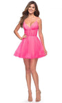 A-line V-neck Tulle Back Zipper Ruched Corset Natural Waistline Sleeveless Spaghetti Strap Short Homecoming Dress