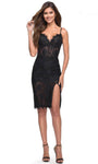 V-neck Slit Sheer Fitted Back Zipper Natural Waistline Lace Sleeveless Sheath Cocktail Short Sheath Dress/Evening Dress/Romper