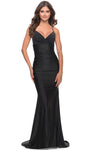 V-neck Jersey Spaghetti Strap Sheath Empire Waistline Lace-Up Beaded Bandeau Neck Sheath Dress/Prom Dress with a Brush/Sweep Train With Rhinestones