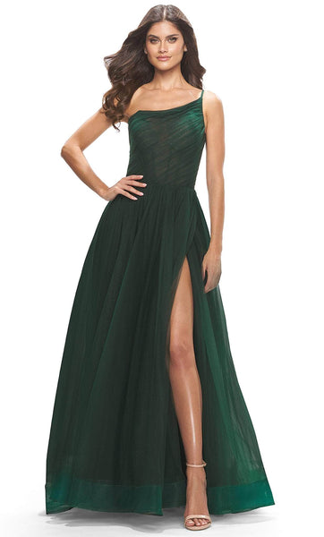 Sexy Sophisticated A-line Tulle Corset Natural Waistline Slit Ruched Shirred Asymmetric Open-Back Spaghetti Strap Prom Dress with a Brush/Sweep Train