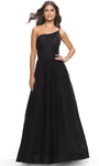 Sexy Sophisticated A-line Corset Natural Waistline Tulle Spaghetti Strap Slit Shirred Open-Back Asymmetric Ruched Prom Dress with a Brush/Sweep Train