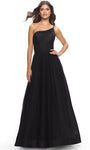Sexy Sophisticated A-line Slit Shirred Asymmetric Ruched Open-Back Spaghetti Strap Corset Natural Waistline Tulle Prom Dress with a Brush/Sweep Train