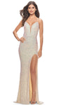 V-neck Natural Waistline Plunging Neck Floor Length Sequined Slit Back Zipper Sheer Lace-Up Sleeveless Spaghetti Strap Sheath Sheath Dress/Prom Dress with a Brush/Sweep Train