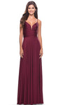 Sexy A-line V-neck Spaghetti Strap Natural Waistline Jersey Slit Open-Back Back Zipper Ruched Shirred Prom Dress with a Brush/Sweep Train