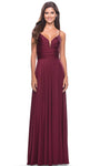 Sexy A-line V-neck Ruched Shirred Open-Back Slit Back Zipper Natural Waistline Jersey Spaghetti Strap Prom Dress with a Brush/Sweep Train