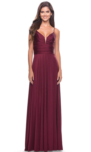 Sexy A-line V-neck Spaghetti Strap Jersey Natural Waistline Back Zipper Shirred Ruched Open-Back Slit Prom Dress with a Brush/Sweep Train