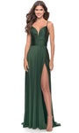 Sexy A-line V-neck Natural Waistline Slit Shirred Open-Back Ruched Back Zipper Spaghetti Strap Jersey Prom Dress with a Brush/Sweep Train