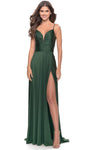 Sexy A-line V-neck Spaghetti Strap Slit Back Zipper Ruched Shirred Open-Back Jersey Natural Waistline Prom Dress with a Brush/Sweep Train