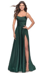 A-line Floor Length Satin Sleeveless Spaghetti Strap Natural Waistline Ruched Fitted Lace-Up Slit Square Neck Evening Dress/Prom Dress/Party Dress