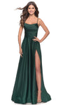 A-line Floor Length Satin Sleeveless Spaghetti Strap Square Neck Natural Waistline Lace-Up Slit Ruched Fitted Evening Dress/Prom Dress/Party Dress